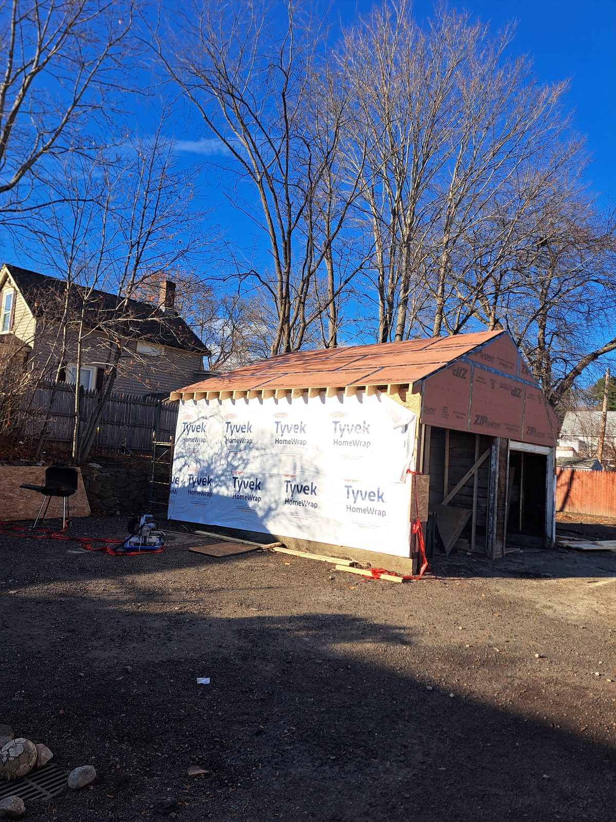 Before — garage ZIP System sheathing and house wrap in Worcester County, MA Before — garage ZIP System sheathing and house wrap in Worcester County, MA