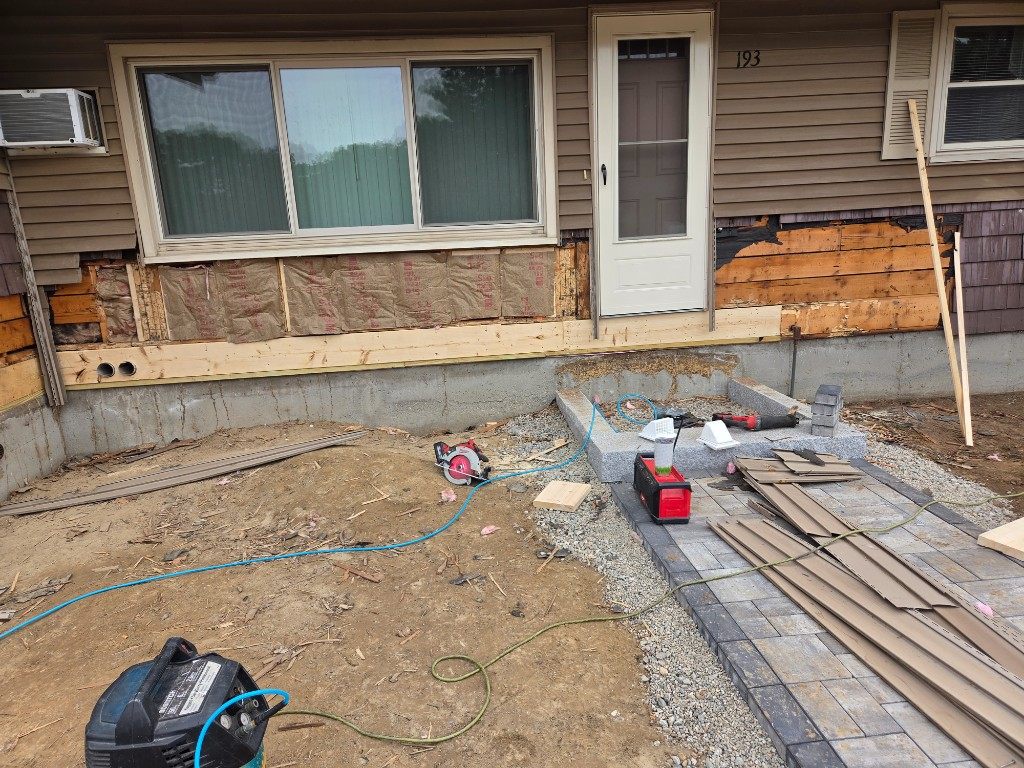 Before — sheathing and a new bottom plate during exterior wall repair in Sutton, MA Before — sheathing and a new bottom plate during exterior wall repair in Sutton, MA